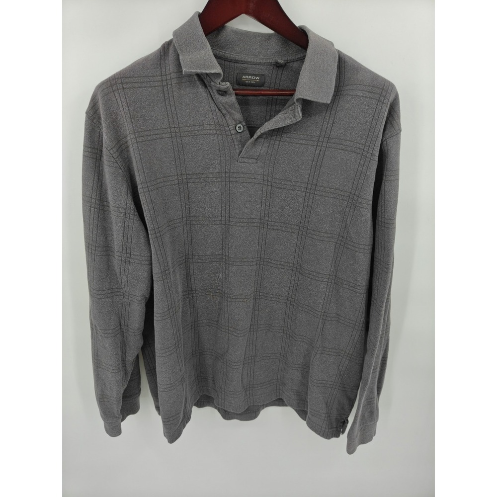 Arrow Mens Long Sleeve Polo Shirt XL Grey Grid Pattern Classic Fit Cotton Blend